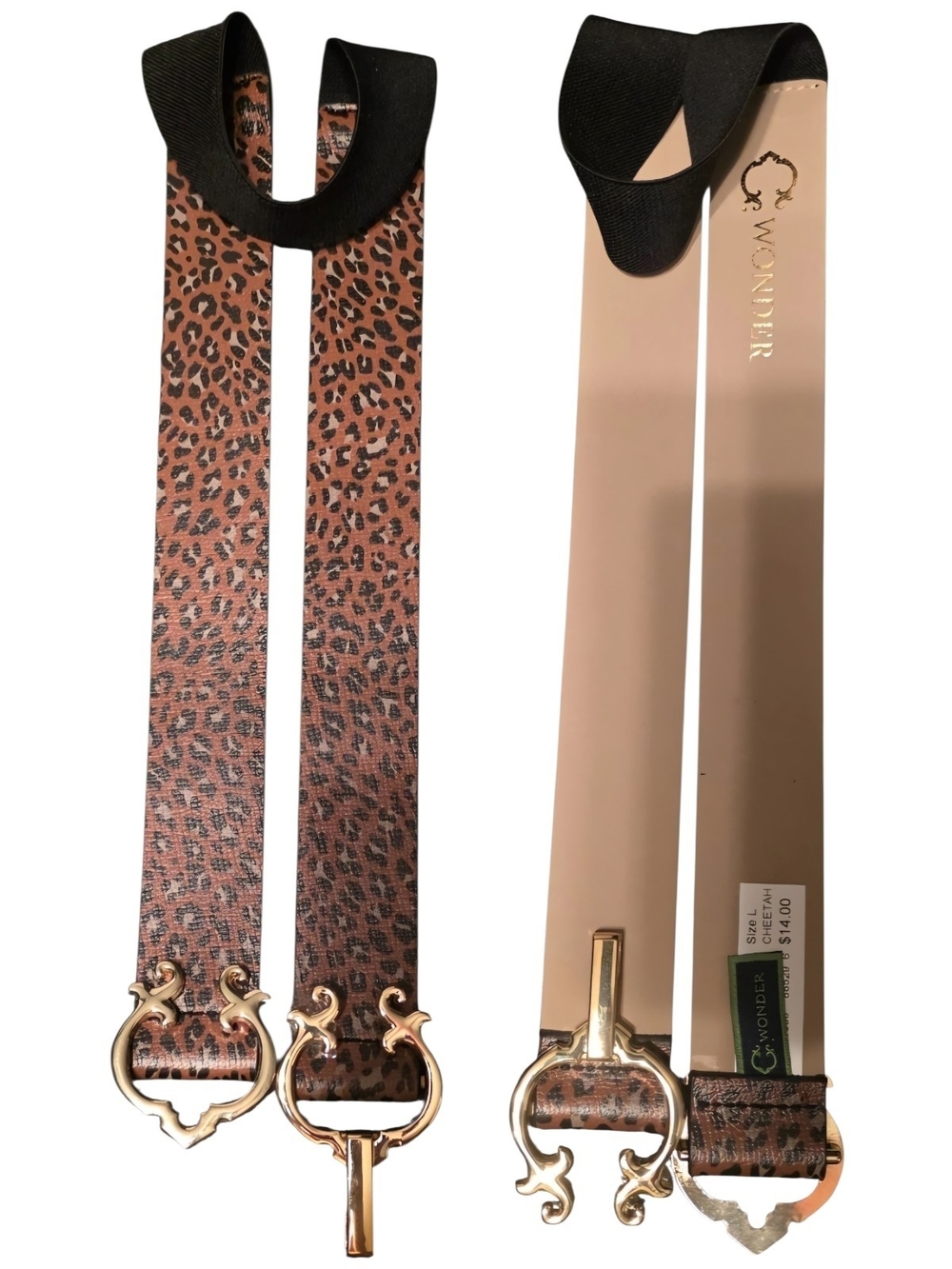 C. Wonder Leopard Print Leather Belt with Gold Buckle - Brown